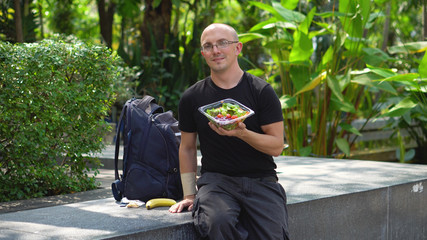 Happy Smiling University Student With Healthy Salad For Lunch Break