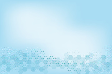 Abstract background of science and innovation technology. Technical background with hexagons pattern and molecular structures.