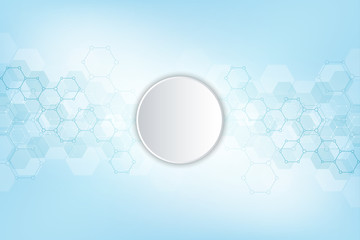 Abstract background of science and innovation technology. Technical background with hexagons pattern and molecular structures.