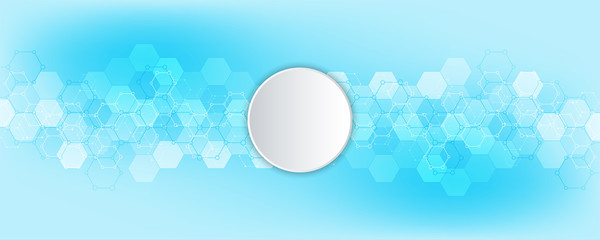 Abstract background of science and innovation technology. Technical background with hexagons pattern and molecular structures.