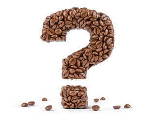 Question mark created from coffee beans isolated on white background.