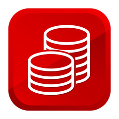 Cash Money Coins Icon. Red Button. Eps10 Vector.