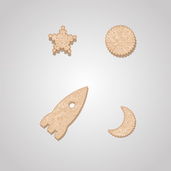 Rocket, moon and star cracker-shaped cookies. Biscuit cookie cracker collection