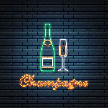 Champagne bottle and glass with lettering in neon style on brick background. Cocktail bar symbol, logo, signboard.