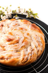 Food bakery concept fresh baked homemade apple Cinnamon Roll Braided Bread with copy space.