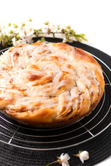Food bakery concept fresh baked homemade apple Cinnamon Roll Braided Bread with copy space.