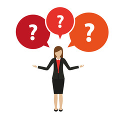 business woman character has many questions isolated on white background vector illustration EPS10