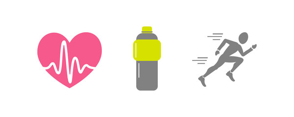 Vector set of running sport icons - jogging person, beating heart with pusle, bottle of isotonic or water - for sport team, runner club, triathlon marathon for logo, icon, poster, banner, sport event