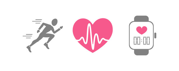 Vector set of running sport icons - jogging person, beating heart with pusle, smart watch for sport team, runner club, triathlon marathon for logo, icon, poster, banner, event promo