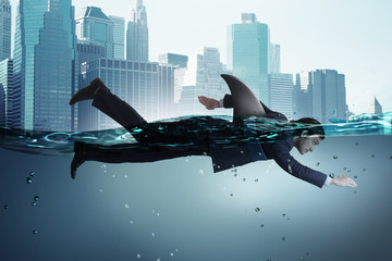 Businessman with shark fin swimming in water