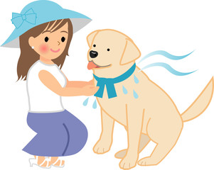 犬にクールバンドを巻く女性