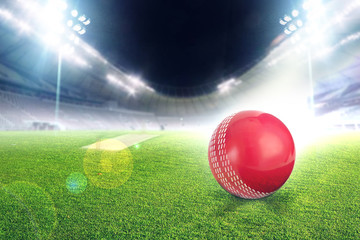 Cricket stadium with ball in lights and flashes 3d render