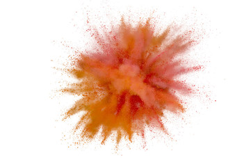 Colored powder explosion on white background. Abstract closeup dust on backdrop. Colorful explode....