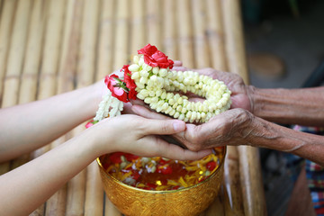Thai festival Songkran, young woman holding hands of senior man and flowers, Water blessing ceremony of adults