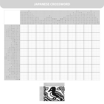 Bird. Black and white japanese crossword with answer. Nonogram with answer. Graphic crossword. Puzzle game for kids.