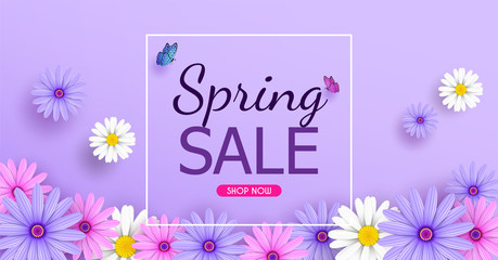 Spring Sale Banner background with beautiful colorful flowers are blooming.And use it as a banner or placard.And is used as an illustration or backdrop.