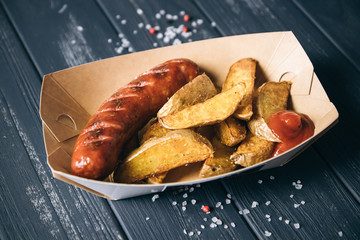 Roasted meat and vegetables taco wooden background. Mexican cuisine snacks, fast food of commercial kitchen