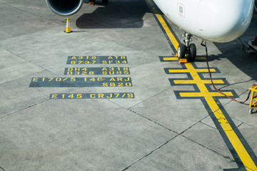Text written out on the tarmac of a Runway at Manchester Airport, UK