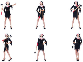 Young beautiful nun with hatchet isolated on white