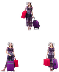 Young woman with suitcases isolated on white