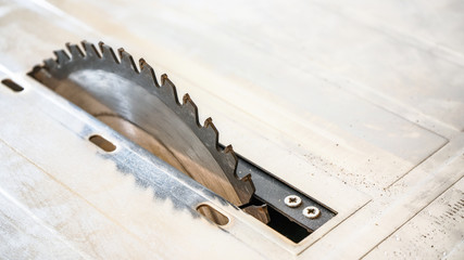 Detail of rotating circular saw teeth, empty space for text upper right corner