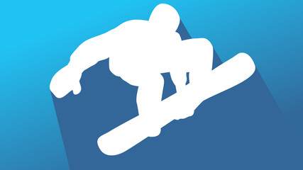 simple white sillhouette snowboard jumping long shadow in blue modern background