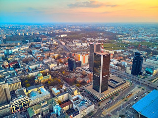 WARSAW, POLAND - APRIL 07, 2019: Beautiful panoramic aerial drone view to the center of Warsaw City...
