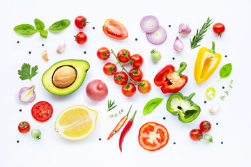 Various fresh vegetables and herbs on white background. Healthy eating concept