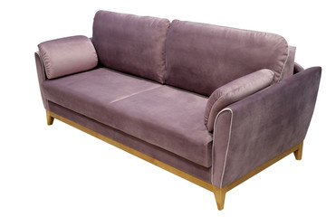 Elegant lilac sofa isolated on white background. Sofa on a wooden base