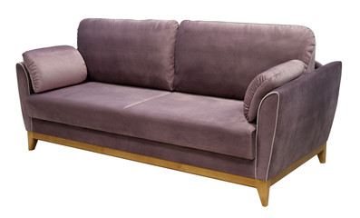 Elegant lilac sofa isolated on white background. Sofa on a wooden base