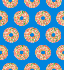 Seamless pattern, ornament. Donuts on blue background. food concept