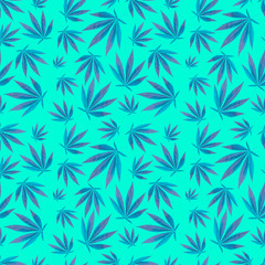 texture for design. blue leaves on green background. Ganja Marijuana Weed Seamless Pattern