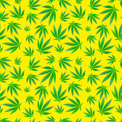 Green leaves weed seamless pattern on yellow background. cannabis, drugs, marijuana, hemp. Summer background.