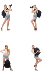 Beautiful woman in shorts with backpack and camera 