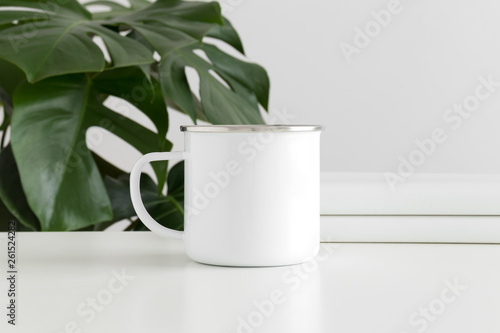Download Enamel Mug Mockup With Workspace Accessories And A Monstera Plant Poster Snoflinga