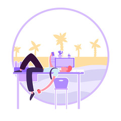 dreams about vacationing at sea, rest after a hard work, a short break of an office worker at the workplace, Vector image, colorful character.