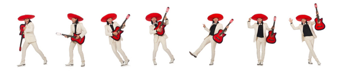 Funny mexican in suit holding guitar isolated on white