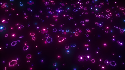 Flow of glowing geometric shapes. Flying figures with fluorescent neon light, modern colorful illumination. Abstract background, creative design. Bright beautiful composition. 3d rendering