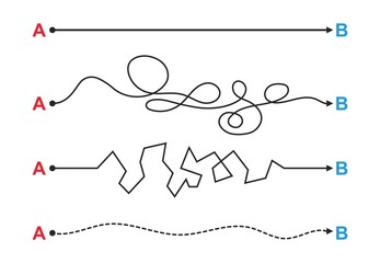 Set of different road from point a to point b. Way to success. Straight and tangled lines with arrow. Template design for business concept or tourism geolocation.