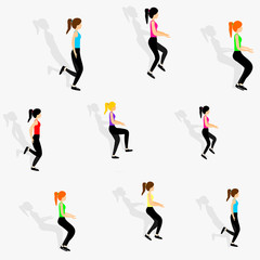 Fototapeta na wymiar Seamless pattern with a woman jumping i the gym. Vector illustration of beautiful young girls with long shadow. Fitness background theme.