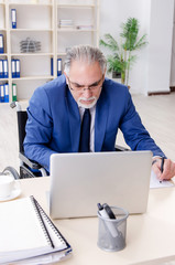 Aged employee in wheelchair working in the office 