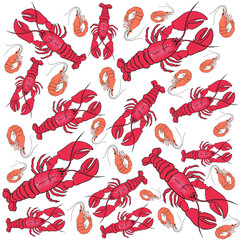 Crawfish and shrimps line vector illustration