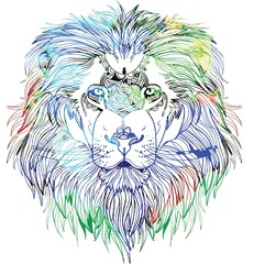 The head of a lion with a big mane. Meditative coloring of antistress. Arrows, strips, scales, lines. Logo, print on the shirt. Background for text