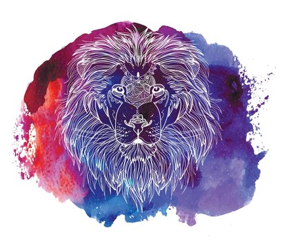 The head of a lion with a big mane. Meditative coloring of antistress. Arrows, strips, scales, lines. Logo, print on the shirt. Background for text