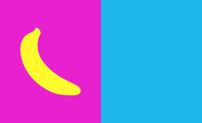 Yellow banana on a divided background of blue and pink. Popart. Vector illustration.