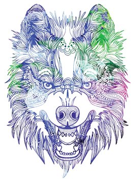 The head of a wolf. Grin with fangs. Drawing manually in vintage style. Meditative coloring for children. Arrows, points, patterns, scales, strokes, wool. Predator, logo.