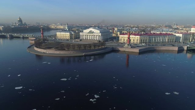 The spit of Vasilievsky island on a Sunny morning in April. Saint Petersburg, Russia (aerial video)