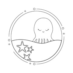 cute octopuses with sea in frame circular