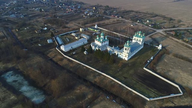 Nikolo-Vyazhischskiy monastery, April day (aerial video). Vyazhischi. Novgorod region, Russia 