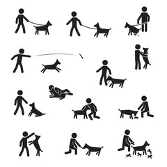 Men with large breeds dogs icon set. Vector.
